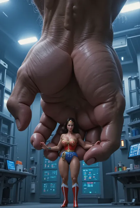 A highly detailed, ultra-realistic 8K image of Wonder Woman, now shrunken to just 6 inches tall, standing defiantly as an enormous hand reaches down and grabs her. She wears her iconic red and gold armor, with the golden eagle emblem gleaming on her chest,...