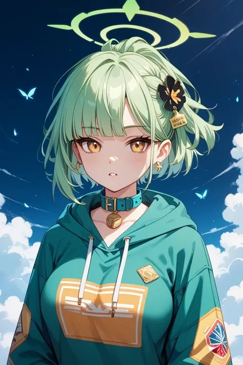  green hoodie　yellow eyes all the way to the tip　medium short
Hair is barbed outward　Halo　 blue archive style    　 collar 　Big Breasts　human