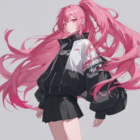 Akiyama Mizuki, black souvenir jacket, black coordinate, cool, hair color pink, no background, yohjiyamamoto coordinate, no sunglasses, long hair, sidetail
