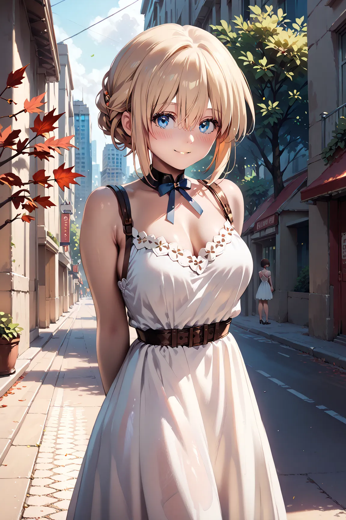 1 woman、 beautiful and well-groomed breasts 、 blonde short hair、 rich contrast 、 Extremely High Quality 、8k、A very delicate 1woman,light blue eyes,small eyes,bangs between eyes,medium breasts,
White dress,off shoulder dress,city,street,trees,maple tree,red...