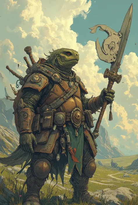 fantasy warrior turtle ,fantasy armor, masterpiece, Best quality, Super Detail,4K,standing on a green steppe, bright light in the background , extremely detailed 8k photo with very realistic presentation, dramatic lighting, kinematic composition, epic fant...