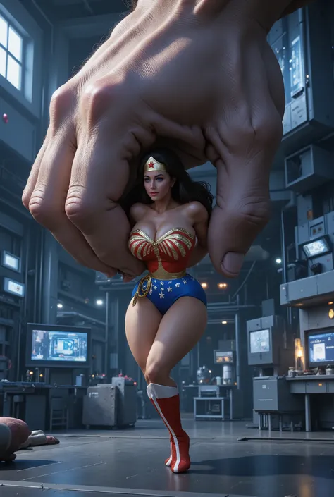 A highly detailed, ultra-realistic 8K image of Wonder Woman, now shrunken to just 6 inches tall, standing defiantly as an enormous hand reaches down and grabs her. She wears her iconic red and gold armor, with the golden eagle emblem gleaming on her chest,...