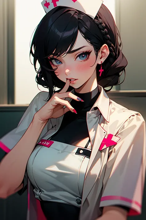 1 Female, Pretty beautiful girl, ((Wear black nurse clothes ,  black nurse clothes with red accents,  black hair, Folded braid)), Pure Bitch, Captivating Body, ( raises eyebrows,  embarrassed,   Eyeliner, blush),  sexy body,  beautiful eyes,  beautiful lip...