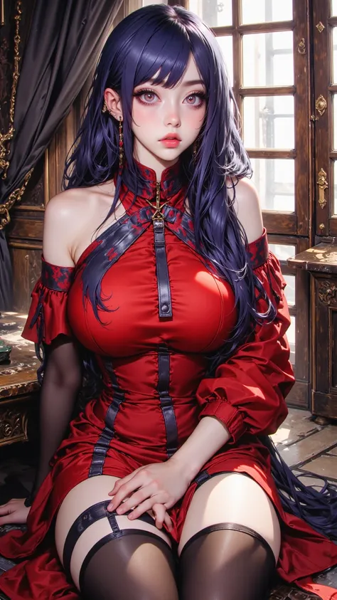 A charming scene shows a 19-year-old girl wearing a gothic red dress designed by Sakamata Chloe，Exquisite Beautiful Face， ，Blue and purple hair，Long straight hair，Busty big boobs， Thin ，Hot，Eye-red，red pupils，elegantly sitting next to the balcony。