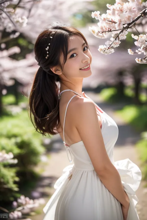 (8k, RAW photo, photorealistic, HQ, masterpiece, Brightly exposed photo), a cute Japanese woman, (glowing eyes), from below, 
(light smile), dark brown hair, low ponytail, (white dress:1.2, halter neck long skirt dress:1.4, elegant simply dress:1.2), Seduc...