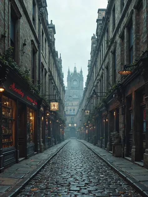 Royal Mile — A long, winding stone street, lined with historic buildings, bustling taverns and mysterious narrow alleyways. Absence of people .