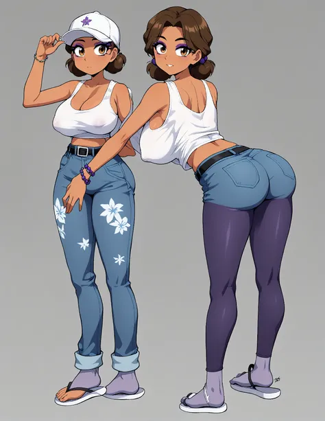 {nsfw}, source_anime, 2D, source_cartoon,
(1girl, solo,)
 cassie,young,(((White mini fitted tank top))),tight thicc blue jeans,black belt,thicc fat ass,big breasts boobs,(((white flip flops))), beads bracelet, purple beads, dark skin, low double bun, brown...