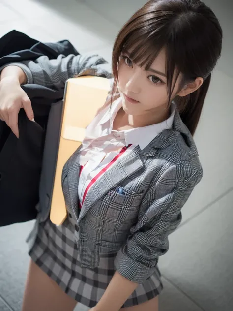 school uniform, gray checked blazer , (Best Quality , Ultra-detailed , masterpiece:1.2) , (8k , Photo realistic:1.25) , extremely detailed body , detailed skin texture , extreme high detail , dramatic lighting , stunning , beautiful ,