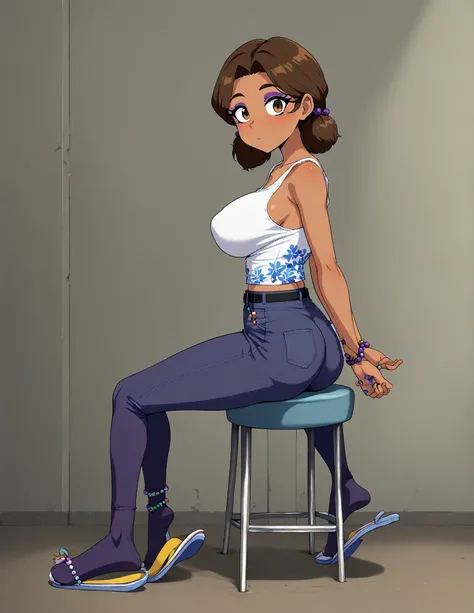 {nsfw}, source_anime, 2D, source_cartoon,
(1girl, solo,)
 cassie,young,(((White mini fitted tank top))),tight thicc blue jeans,black belt,thicc fat ass,big breasts boobs,(((golden flip flops))), dangling,tiptoe,beads bracelet, purple beads, dark skin, low ...