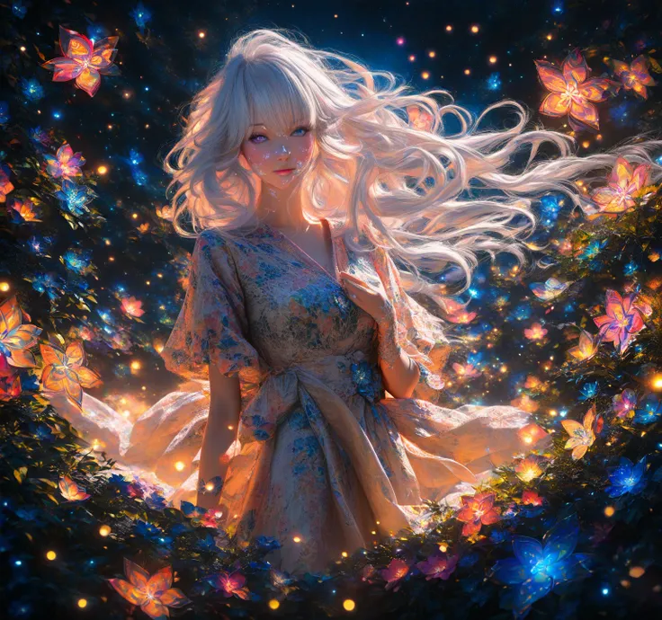 a anime girl with long white hair, with blue eye in left and pink eye in right, in a fantasy forest scene, under a starry night sky, surrounded by glowing fireflies, detailed facial features, elegant dress with floral patterns, serene expression, 4K, ultra...