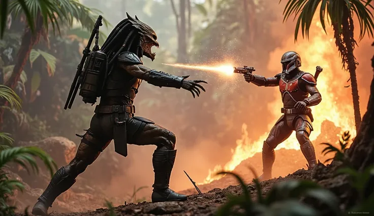 Draw a dramatic, dynamic, and cinematic scene of a fierce battle between a Yautja warrior and a Mandalorian in red armor in a remote, alien jungle.

The Yautja is a towering figure of muscle and lethal precision, wearing an iconic bio-helmet with tribal ma...