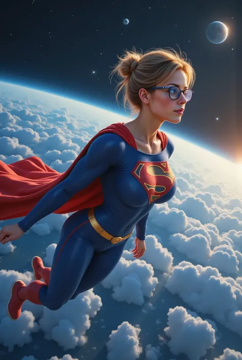 A breathtaking, ultra-realistic, and highly detailed 8K image of a 18-year-old Supergirl floating gracefully in the vastness of space, gazing down at Earth with awe and innocence. Her radiant blonde hair is styled in an elegant updo, with a few delicate st...