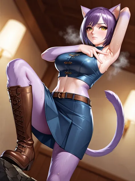 masterpiece, best quality, official art, detailed, realistic, game cg, nsfw, 4K, 8K, detailed beautiful face and eyes, ultra-detailed, beautiful detailed eyes, very aesthetic, (zzMyarey:1.2), 1girl, solo, furry female, yellow eyes, short hair, cat ears, sk...