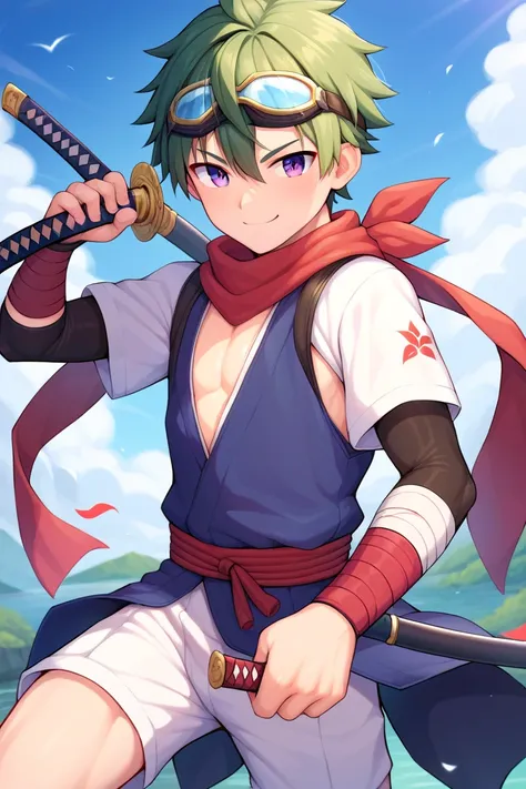 Best quality, masterpiece, high def, high resolution, young man, short spikey dark green hair, purple eyes, male student uniform attire, ninja, scarf, goggles, smirk, holding a weapon, katana, battle ready pose