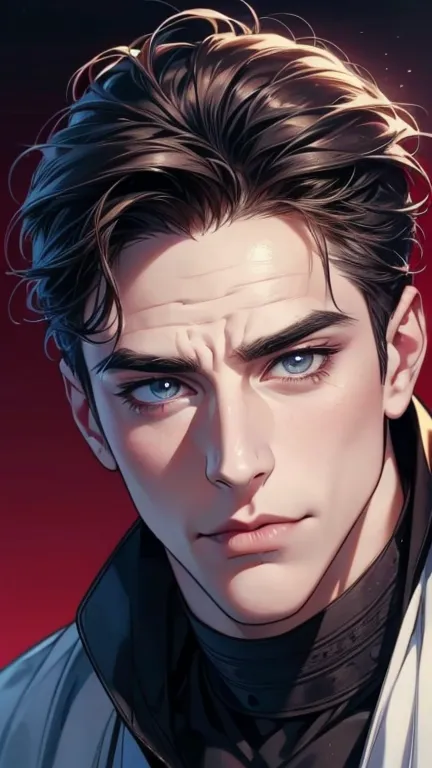 (  idiot,4K,8k,   highres,  masterpiece:1.2),   ultra-detailed,(Realistic,photoRealistic,photo-Realistic:1.37),36-year-old man,3 day beard,cute anime ,Portraits,strong,masculine,   dark hair,sharp jaw,      mesmerizing eyes      ,   perfectly combed hair, ...