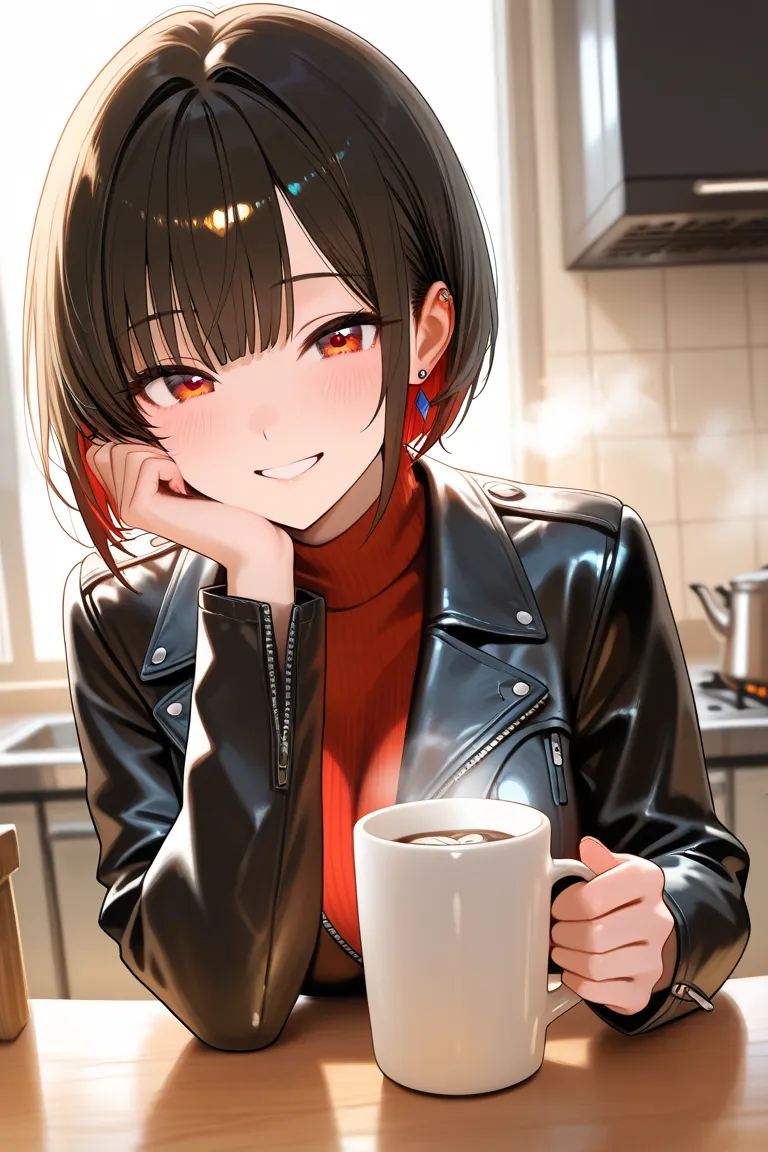 1 woman , 35 years old, black bob hair , large breasts,red inner color ,(masterpiece:1.2) ,best quality ,turtleneck , leather jacket, piercing, kitchen , coffee mug,whole body,smile,to give coffee