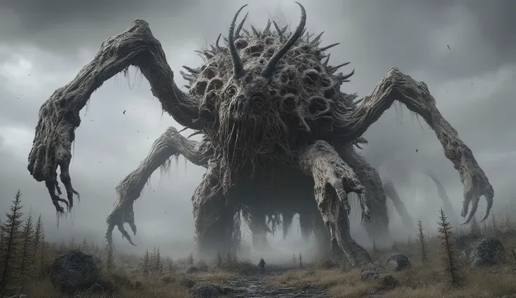 Gargantua. A terrifying barbarian giant. freak. He has a tree in his hands. Two black horns grow out of the head. goat's head. the whole body is decorated with human bones. the creepy Mongolian steppes. . The sky is full of clouds. horror