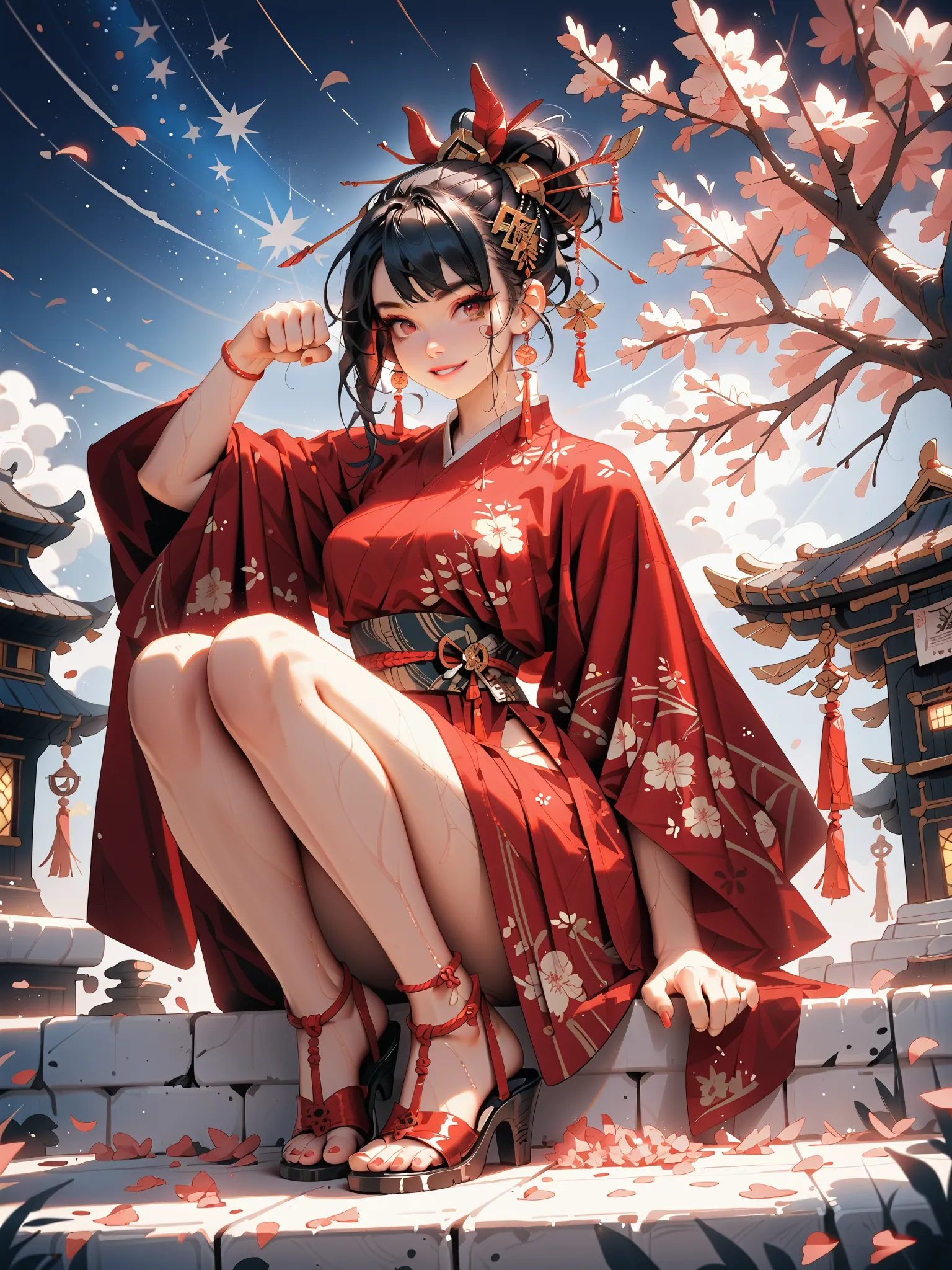 (paw pose、umping)young age beauty(A deep smile, black hair,slender figure,supple and curved proportions that glow in Prism School's rainbow colors、Attractive legs）。
(Sumptuous gold thread embroidered cherry blossoms and auspicious patterns、The finest red s...