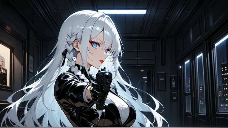 an image of an assassin anime woman pointing a gun against viewer, 1girl, solo, white hair, long hair, side braid, blue eyes, eyeshadow, no expressions, lipstick, breasts, black suit, one-piece suit, latex, black clothes, weapon, holding weapon, gun, holdi...