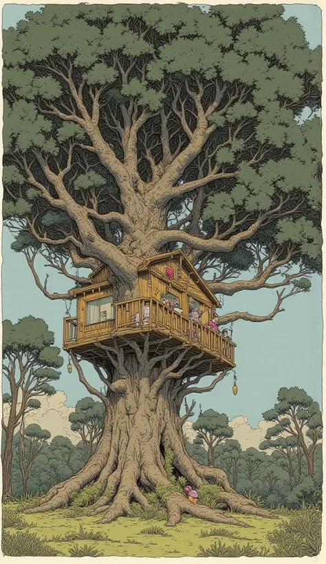 a cartoon drawing of a small Treehouse with a lot of people, Picture book illustration by Yoshihiko Wada, Pixiv,  Naive Art, full color illustration,  fairy tale illustration style , Forest Picnic,  Color Spread ,  Ghibli art style,  Official Illustration ...