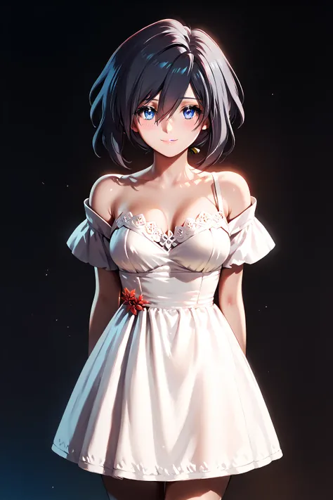 woman、 beautiful and well-groomed breasts 、 dark hair ponytail、rich contrast、 Extremely High Quality 、8k、Very Delicate CG Unit、Wallpaper Ultra Wide Angle、1woman,light blue eyes,small eyes,bangs between eyes,medium breasts,
White dress,off shoulder dress,ci...