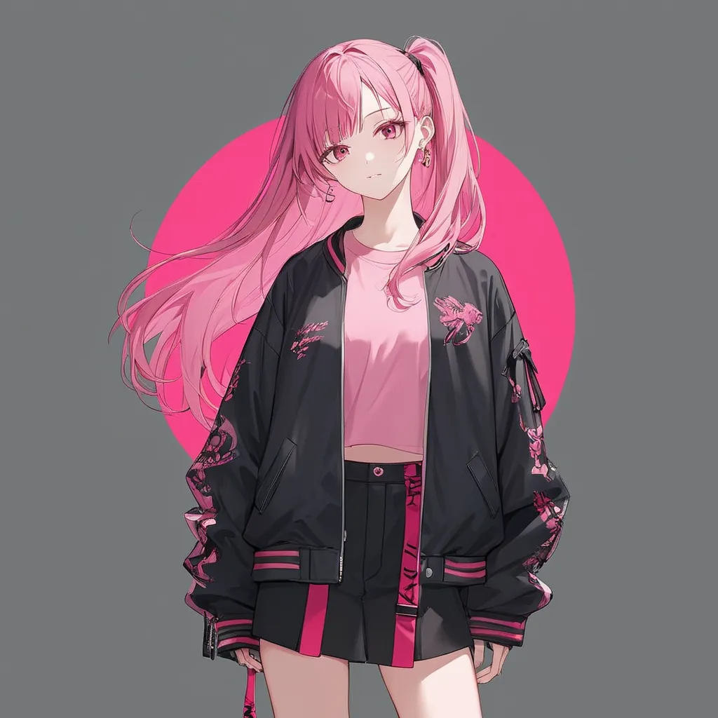 Akiyama Mizuki, black souvenir jacket, black coordinate, cool, hair color pink, no background, yohjiyamamoto coordinate, no sunglasses, long hair, side tail
