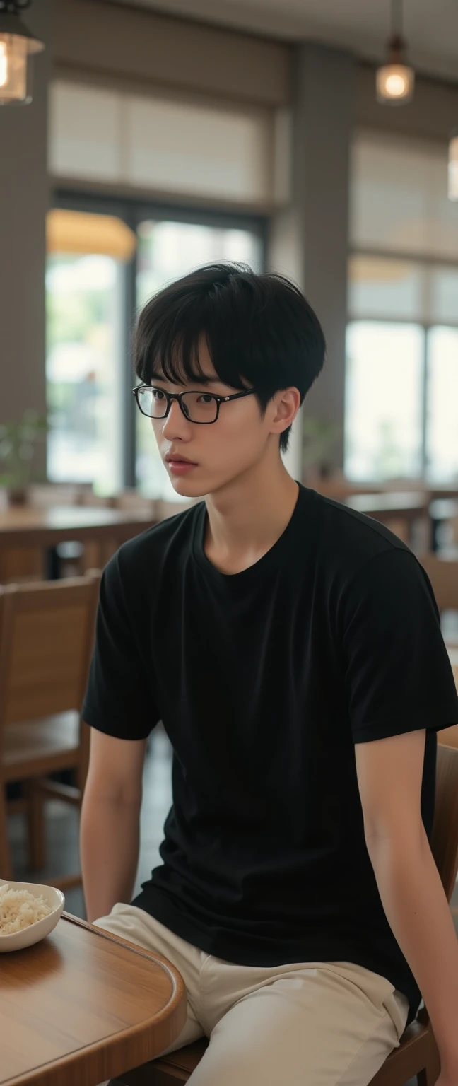 
 short hair , Black eyes,  black hair, 1 young man ,  casting, restaurant. Sitting on the opposite side of the dining table., Solo,  black t-shirt without pattern,white pants, wearing glasses, Tall, . The background is a cute 17, Blurred background,  On t...