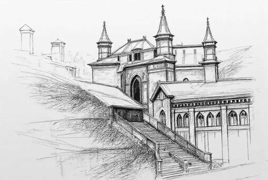 Drawing an architectural historical object with a black liner with strokes on white paper is a simple sketch 