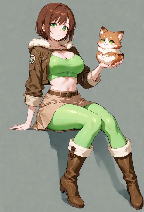 Anime Woman with brown short hair, with green eyes, with round chest, with soft skin, with very tight green crop top with chest covered, with brown crop top jacket with fur, with brown skirt, with green leggings, with cute boots with fur