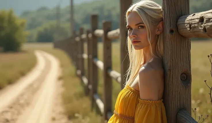 A rustic wooden fence by a dusty country road, with her leaning casually against it, wearing a transparent yellow dress. beautiful elf woman, small pointy ears, straight hair, natural light, details and perfect face, sophisticated, realist, (8K HDR definit...