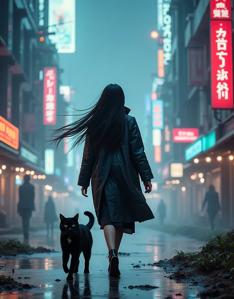 Girl Walking in the Wind and Black Cat、cyberpunk、 real 、 photos、ウルトラディテール photos撮影、 4K resolution、high dynamic range、 studio lighting、Perfectly portrayed、photorealistic、Vivid Colors、Bokeh