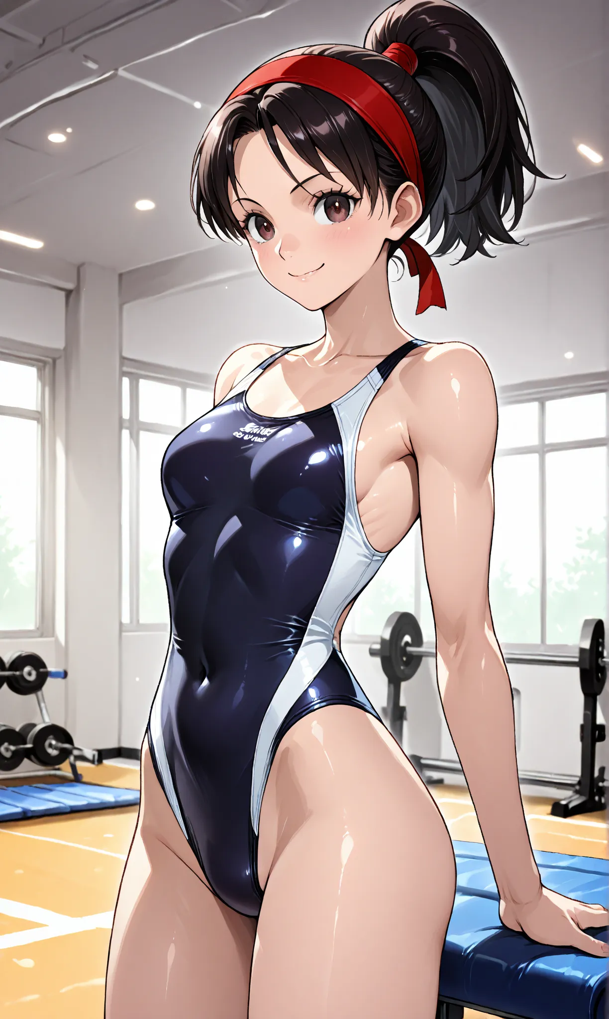 Yuri from King of Fighters standing inside a training gym, slender body, small breasts, very short dark hair braided into a long ponytail with red headband, smiling, cheerful, wearing a slick black one piece swimsuit, one girl, in full view in a highly det...