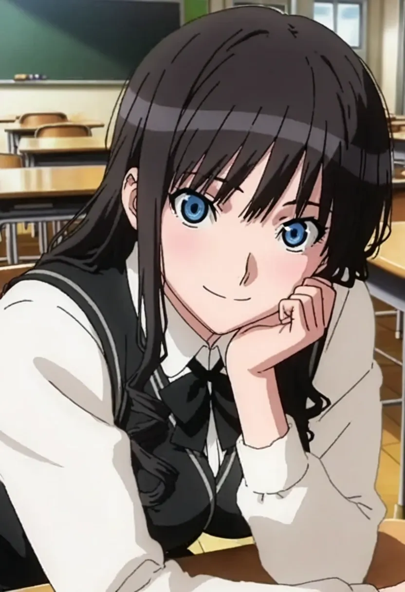 (anime screencap, masterpiece, best quality), 1girl, large breasts, lite smile, looking at viewer, close up face, sitting on the chair, classroom, daytime, BREAK black hair, long hair, school uniform