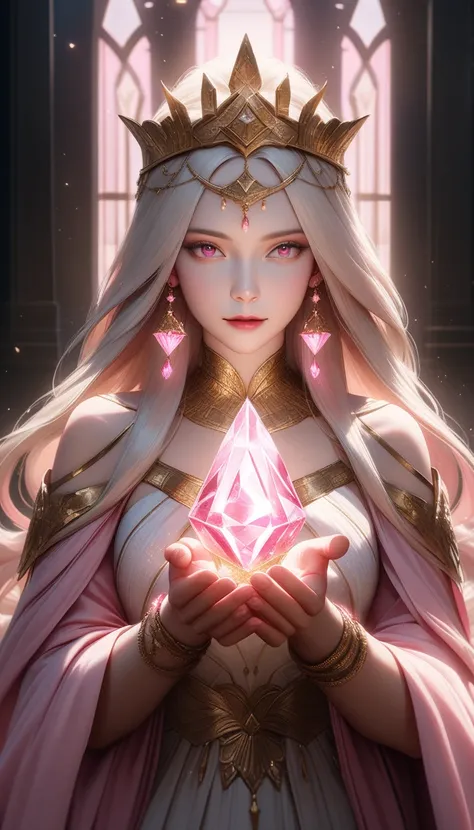 A goddess-like fortune teller woman, standing gracefully in a dreamy pink world. She has long, flowing silver or platinum blonde hair, with a gentle expression and golden or pink-gold eyes. She wears an elegant, shimmering white or pale pink gown, adorned ...