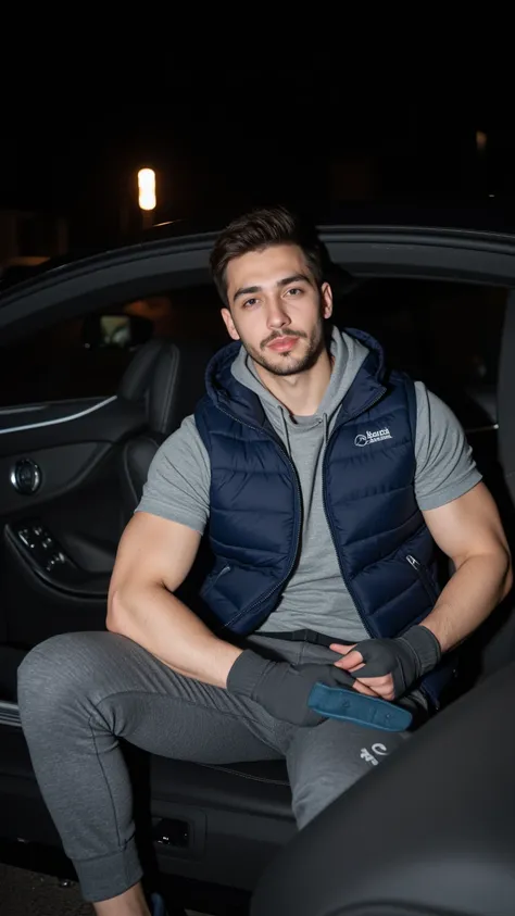 a handsome young turkish guy with muscle, dark very short hair fade and goatee he wearing a grey hoodie and jogger in grey and a dark blue puffer vest he is in a mercedes s coupe in black amateur photo random picture its night and location is germany he ha...