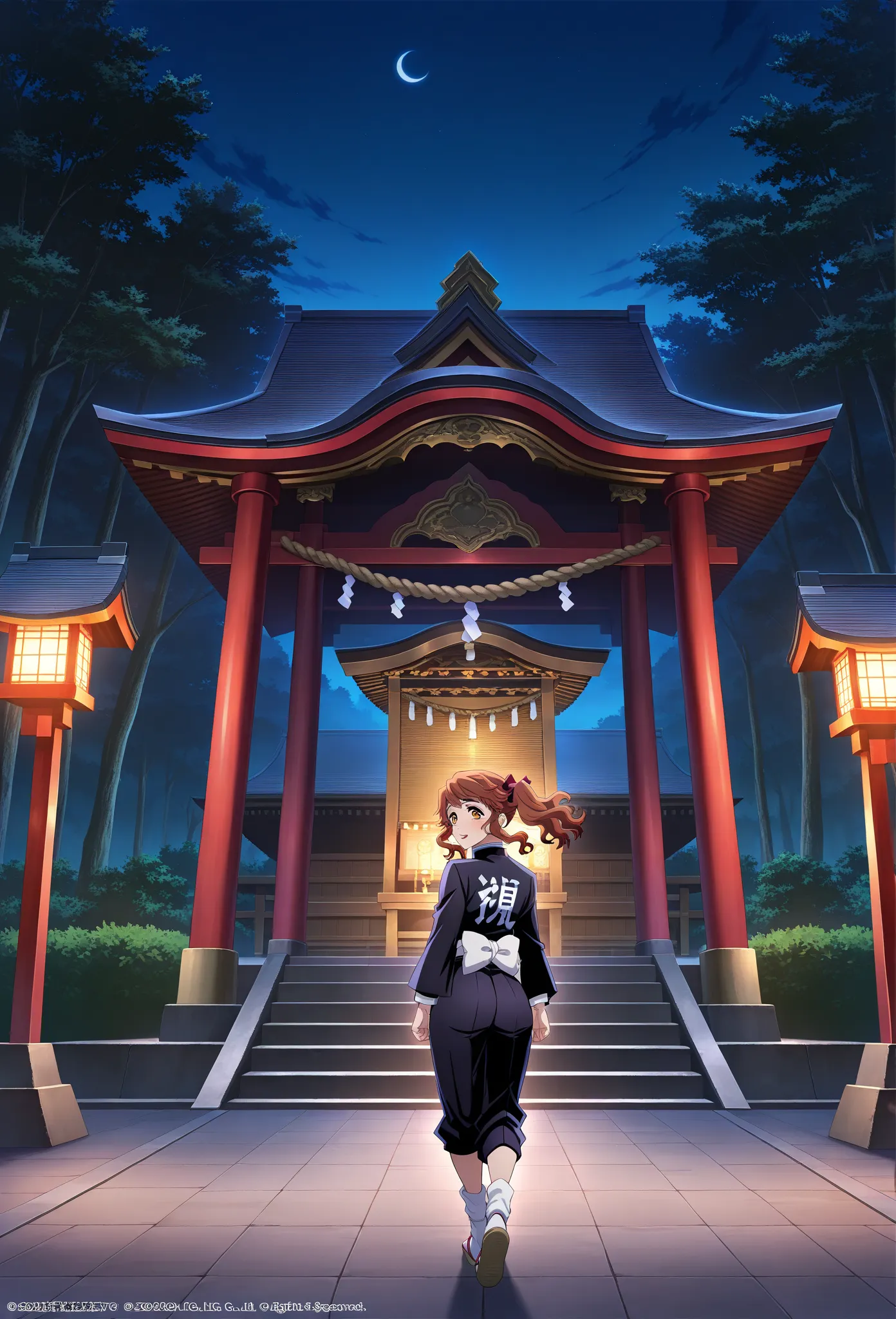 high res pictures, masterpiece, Highest quality, Great image quality, Official Art, 、Alone, 1 girl, Nakata Sae、 standing、 look back、,Demon Slayer Corps uniform、 socks、Sandals、 rear view, Outdoors、 Night Shrine,,