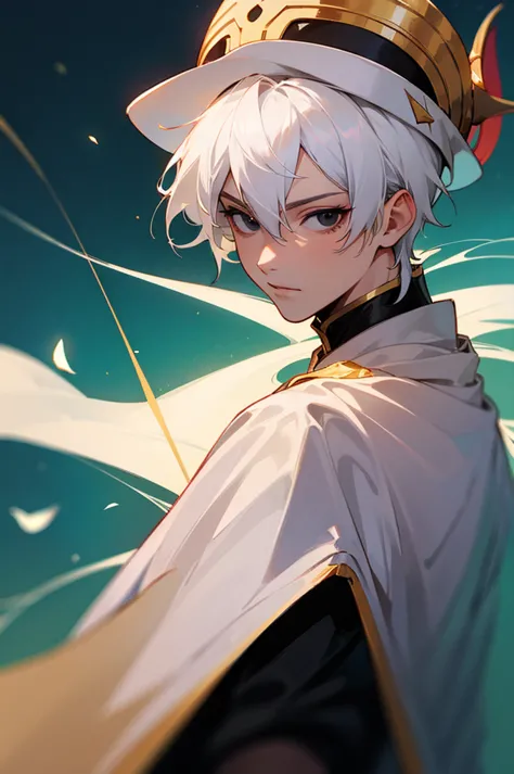 masterpiece, best quality, high quality, 1boy, solo, male focus, looking at viewer, upper body, jafar_magi, white hair, black eyes, hat,