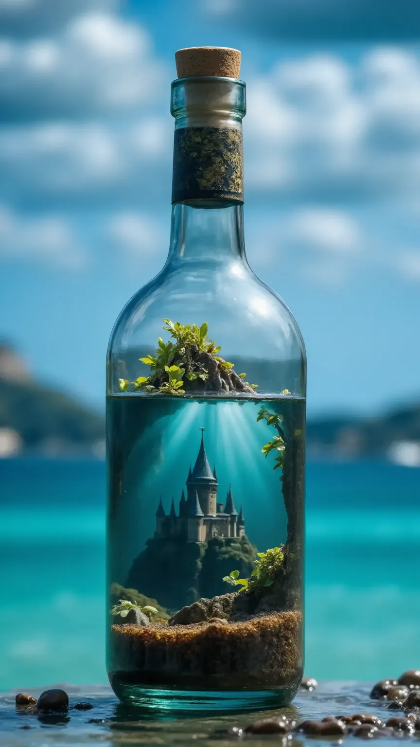 thick glass, weathered, Atmospheric Oliva Lighting, Bottles being swept away by the waves, 8K UHD, Dark Resonance, ultra-detailliert, Vivid colors, epic composition, Octane Rendering, Sharp Focus, Detailed, with an intricate, (reflection, refraction, Caust...