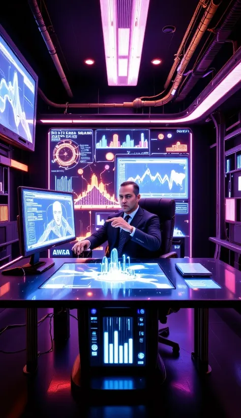 "Create a cinematic and photorealistic image of a man sitting at a futuristic office table, surrounded by holographic screens displaying advanced data and dynamic graphics. It gestures intensely and moves the lips as if speaking,  conveying authority and t...