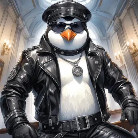 Closeup, Watercolor, comic book art style, (Dutch Angle), (8K UHD, masutepiece, Highest Quality, High quality, Absurd, Ultra-detailed, Detailed background, depth of fields), ((look at viewer)), an extremely badass anthropomorphic penguin wearing an insanel...