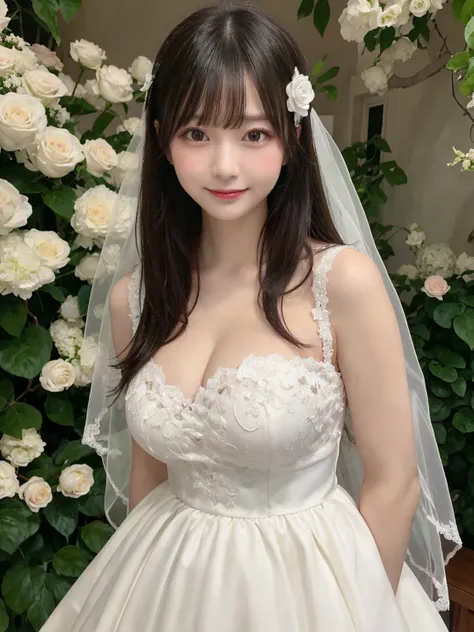 Highest quality, Super Detail,  fine details, High Resolution ，neat white wedding dress，(anatomically accurate,  30 year old woman, Realistic Japanese Woman, real skin:1.3), costume: (wedding dress, ball gown , bridal veil , bride, drape, depth of field, d...