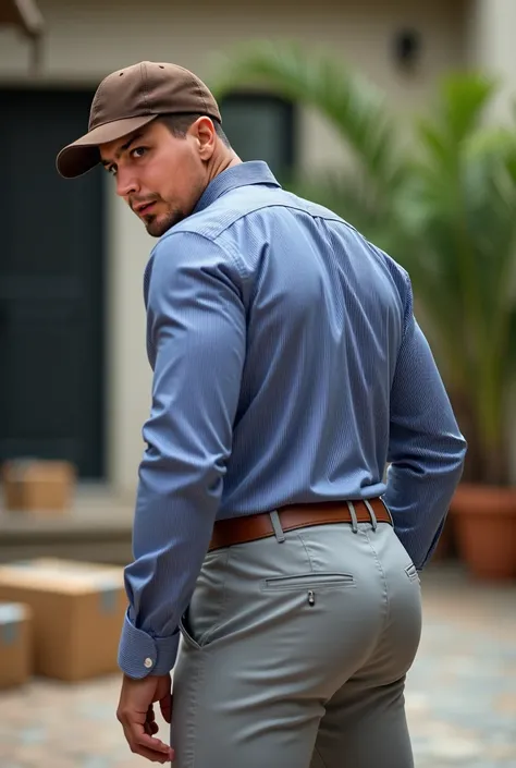 Fotografía realista, 35-year-old muscular (((atletic man))) , , View from below, nalgon de perfil, stripe blue formal shirt and very tight light gray trousers, brown belt, de perfil, Big butt, viendo a cámara, ojos negros, en el patio, hombre sexy, muy nal...