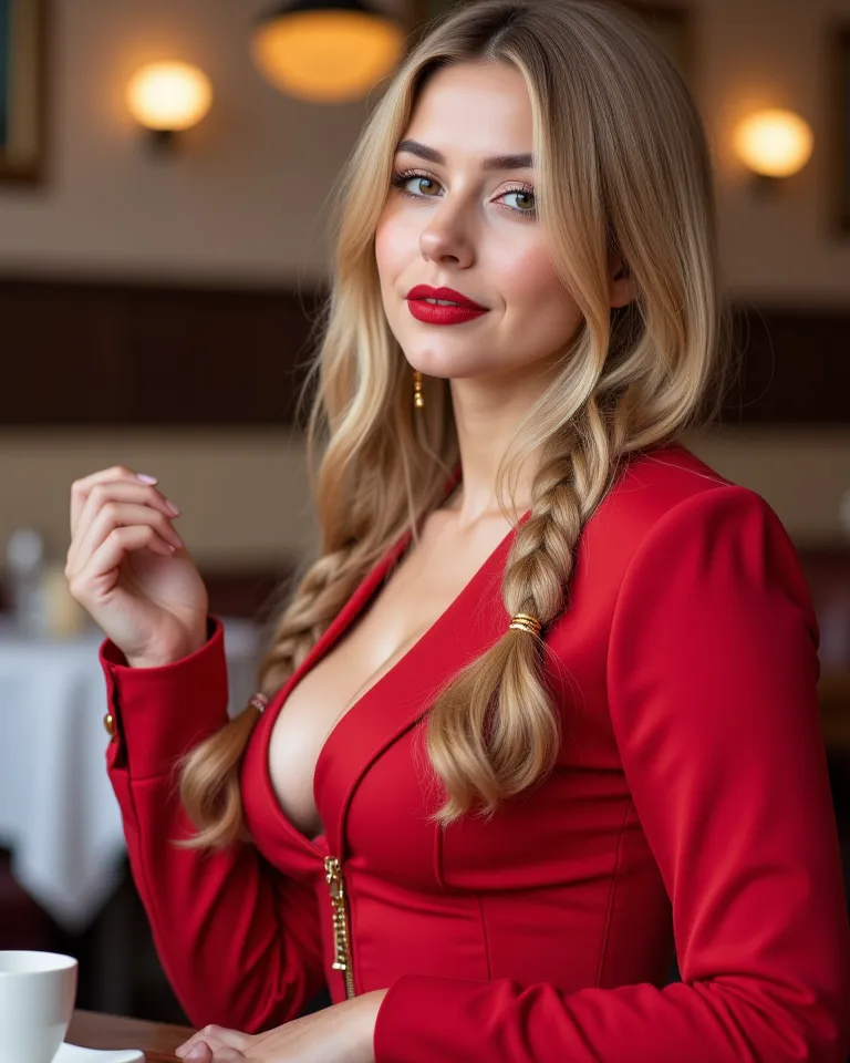 Perfect young woman , age 22, brown eyes, full lips. (long hair in a large loose braid long wavy blonde),   Shy and cute smile , curvilinear body ,  big jacket,  at a restaurant, wearing a red v-neck dress, Stylish red lipstick makeup,  gold earrings,  at ...