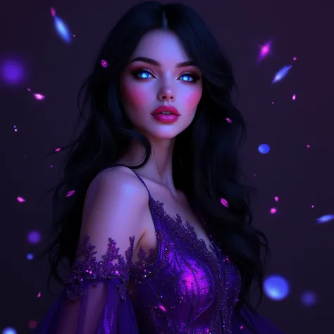 Photo realista 4k,  beautiful WOMAN of European features , long LACEO very smooth dark jet black hair, white porcelain skin, sapphire blue eyes,  reddish lips eyebrows, blushed cheeks, She wears a tight and long purple party dress with sparkles y,  reddish...