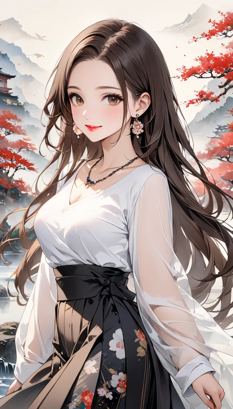 (masterpiece,  high image quality , high image quality, 8k,  Highest quality), Japanese painting,   A fusion of watercolor and oil painting ,  One Young and Beautiful Woman, Brown-black long hair ,  beautiful brown eyes, pink lips, perfect style, Perfect f...