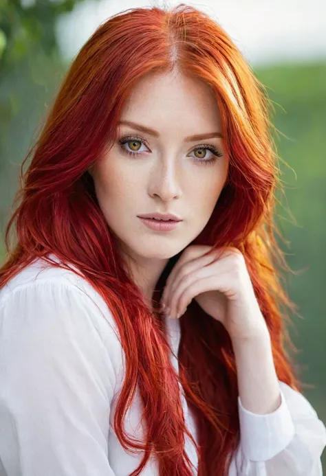 there is a woman with red hair and a white shirt,  with red hair , Red color, red dyed hair, She Has Red Hair,  with long red hair, red hair, red wig, bright red hair, she has long redorange hair,  bright colors, glowing crimson head, crimson red hair and ...