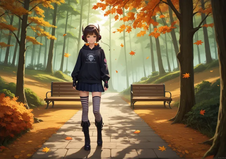 1girl, solo, anime style, ultra-detailed, high resolution, masterpiece, best quality, absurdres, cinematic lighting, gothic lolita, dark forest setting, autumn atmosphere, falling orange leaves, wearing a black hoodie with a metal band logo ('Behemoth' des...