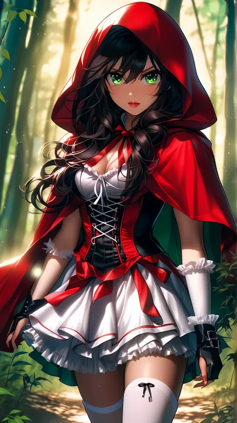 Beautiful tiny petite Little Red Riding Hood with absurdly long wavy dark hair and wearing her iconic red hood and white corset and red flowy knee high mini skirt and white socks with mary janes is scared and and standing in the dark woods looking at the v...