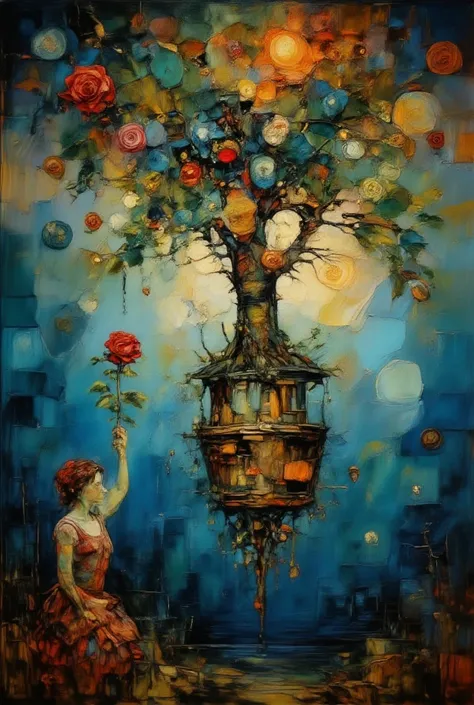 an oil painting of a mystical upside-down world where a  reaches for a single red rose on an inverted tree, its roots tangled in the clouds while its leaves brush the earth, inspired by Salvador Dalí, deep rich hues with surrealist tones, the girl's face c...