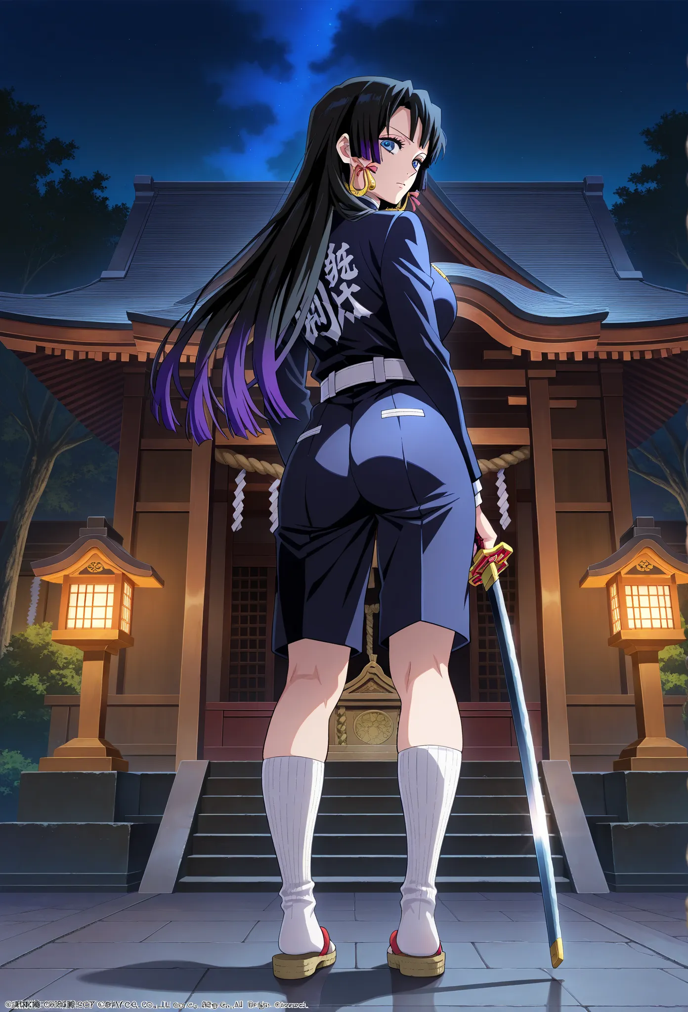 high res pictures, masterpiece, Highest quality, Great image quality, Official Art, 、Alone, 1 girl,  Hancock、 Standing with a sword、 look back、,Demon Slayer Corps uniform、 socks、Sandals、 rear view, Outdoors、 Night Shrine,,